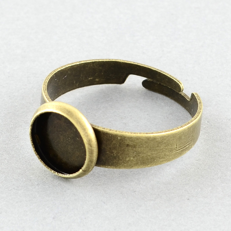 PandaHall Brass Pad Ring Settings, Adjustable, Flat Round, Antique Bronze, 18mm, flat round: 10mm; Tray: 8mm Brass