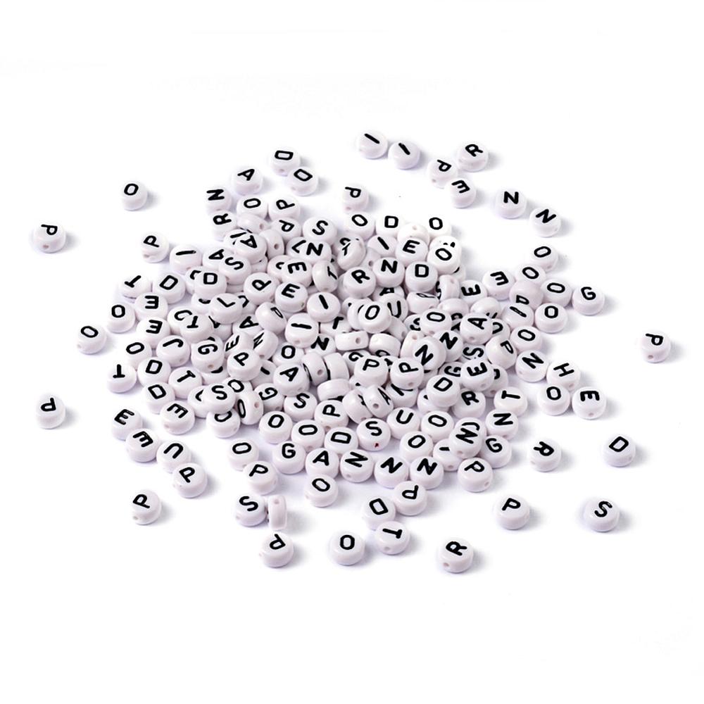 PandaHall Mixed Letters White Acrylic Alphabet Beads, Pony Beads, Flat Round, 7x4mm, Hole: 1mm; about 380pcs/50g Acrylic Flat Round White