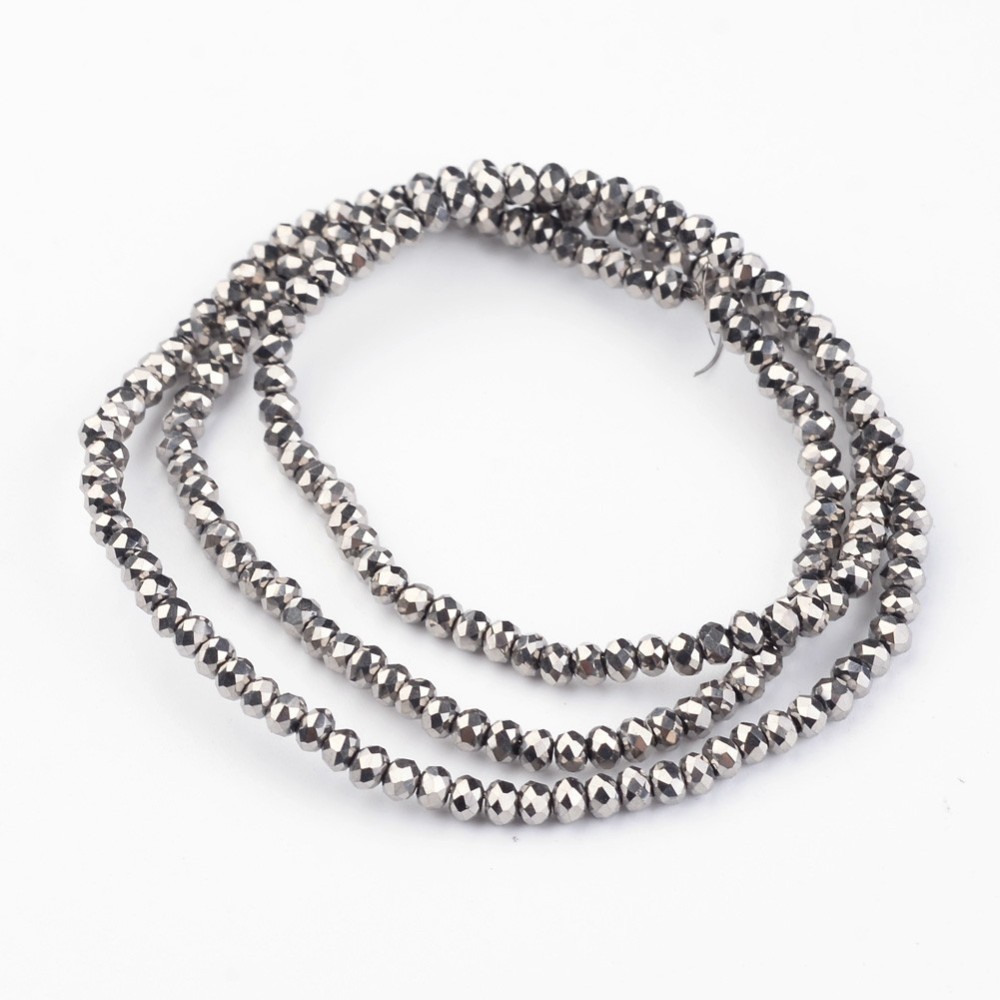 PandaHall Electroplate Glass Bead Strands, Faceted, Rondelle, Silver Plated, 3x2mm, Hole: 1mm; about 196pcs/strand, 16" Glass Rondelle