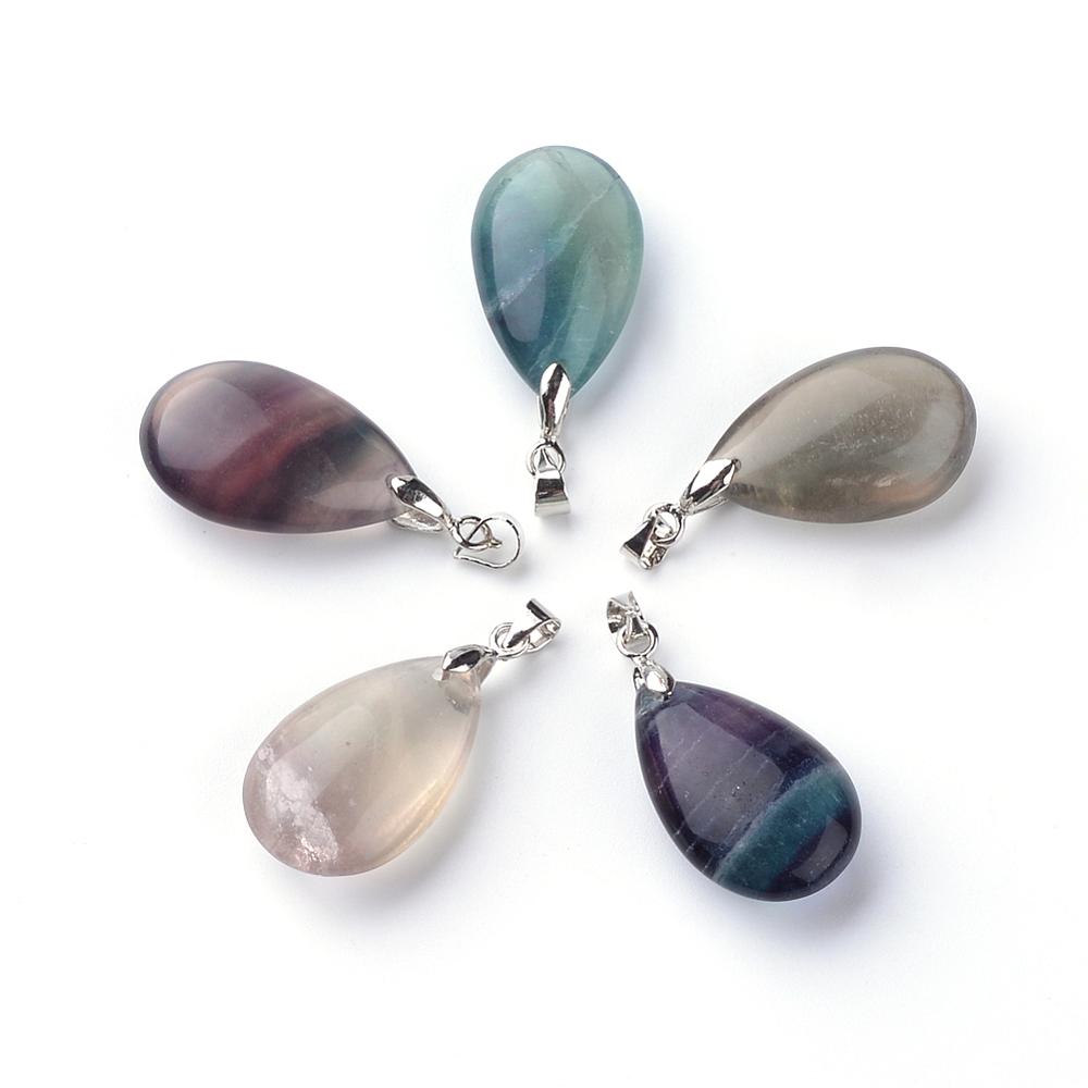 PandaHall Natural Fluorite Pendants, with Brass Findings, Drop, 24~25x15~16x8~10mm, Hole: 5x4mm Fluorite Drop