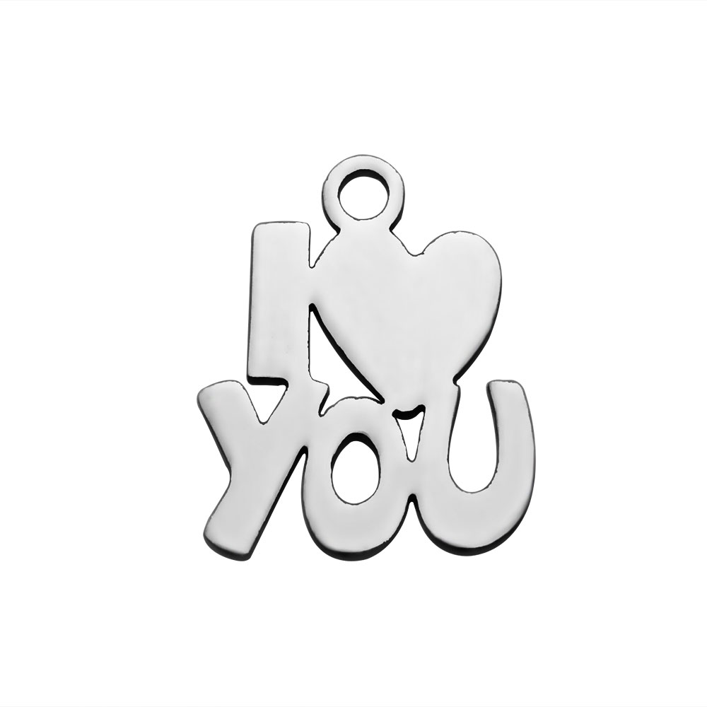 PandaHall 304 Stainless Steel Charms, Phrase I Love You, Stainless Steel Color, 14x12x1.2mm, Hole: 1.5mm Stainless Steel Word