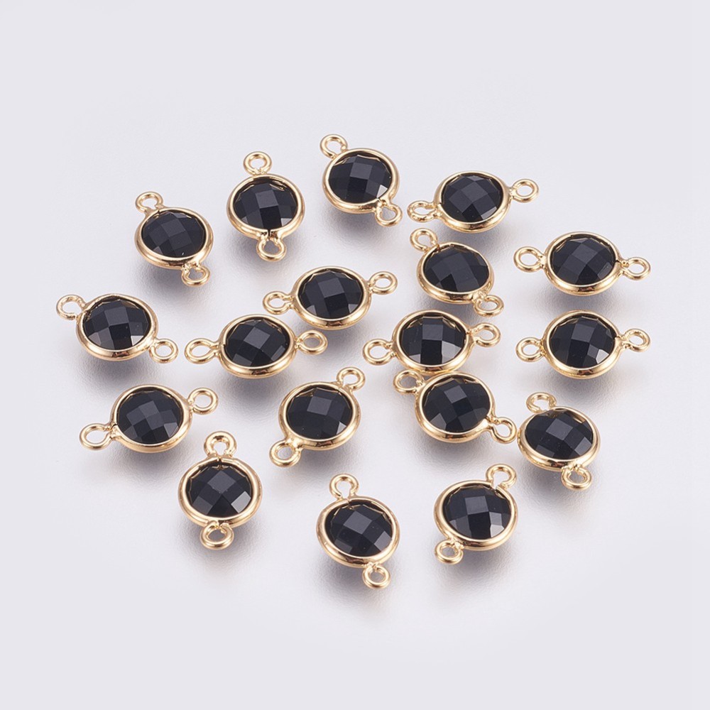 PandaHall Brass Links, Real Gold Plated, Long-Lasting Plated, with Faceted Glass, Flat Round, Nickel Free, Black, 12x7x3mm, Hole: 1.2mm...