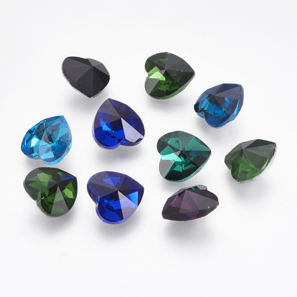 PandaHall Glass Pointed Back Rhinestone, Back Plated, Faceted, Heart, Mixed Color, 14x14x8mm Glass Rhinestone Heart Multicolor