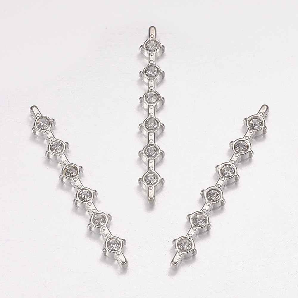 PandaHall Alloy Bar Spacers, with Rhinestone, Grade A, Platinum, 49x6.7x4.7mm, Hole: 1.5mm Alloy+Rhinestone Tube