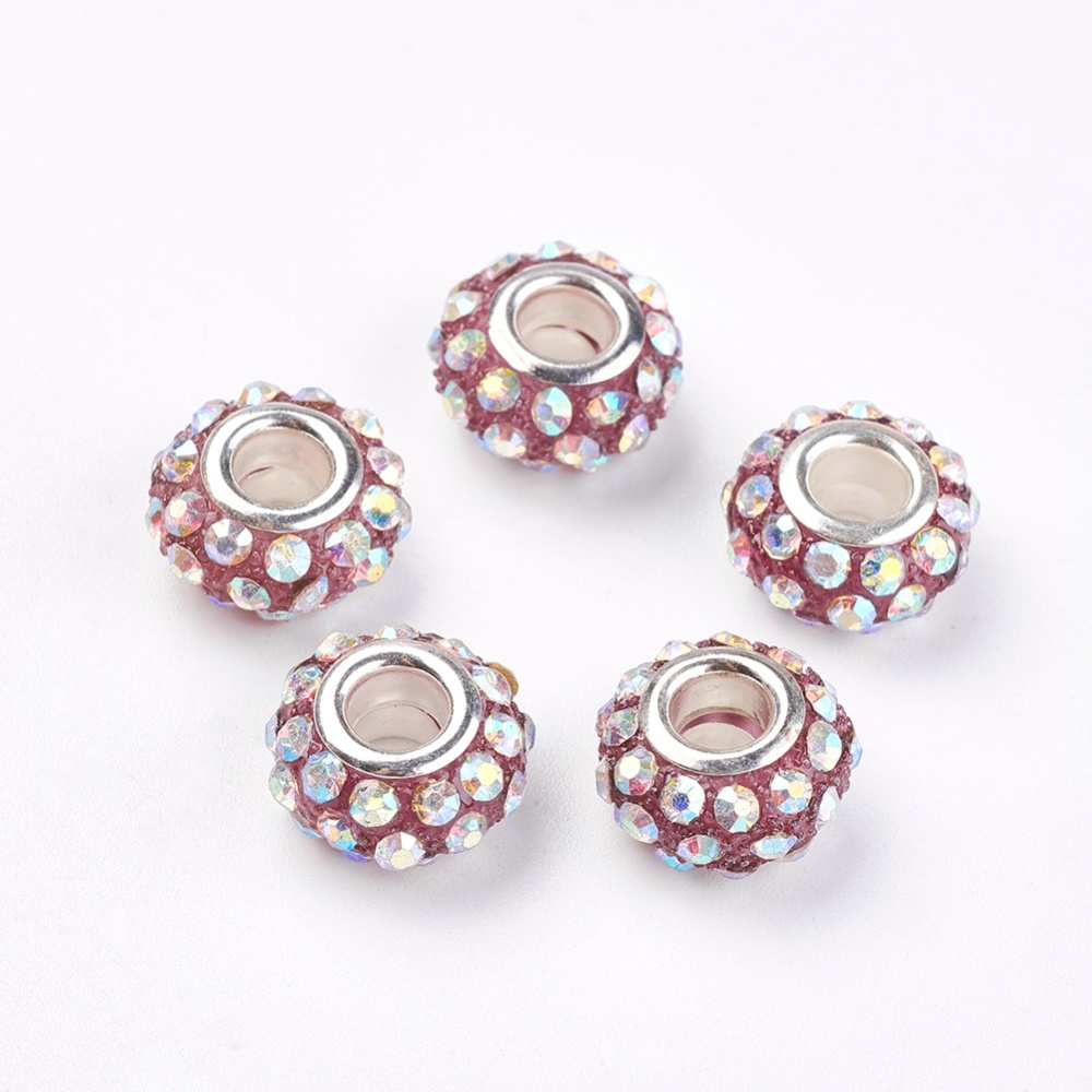 PandaHall Crystal AB Large Hole Rondelle Glass and Resin Rhinestone European Beads with Silver Color Brass Core, 14x9mm, Hole: 5mm...