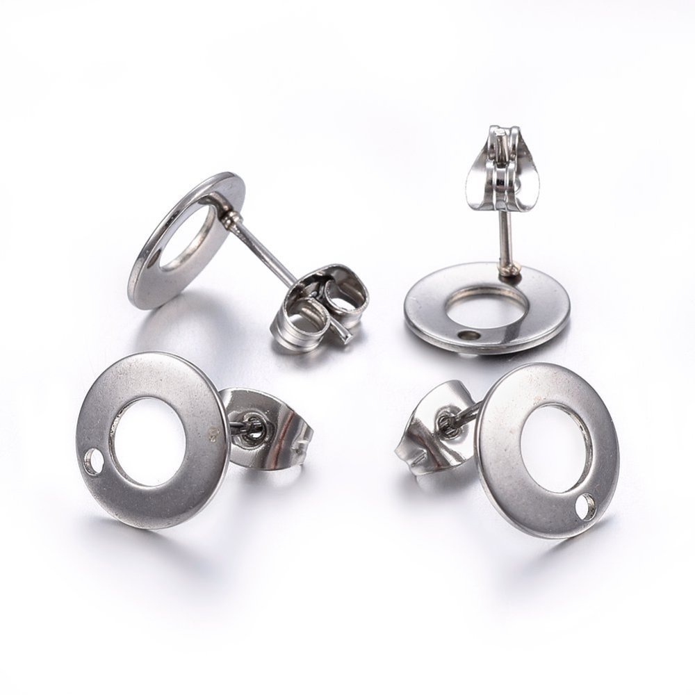 PandaHall 304 Stainless Steel Stud Earring Findings, Flat Round, Stainless Steel Color, 10x1mm, Hole: 1.5mm, Pin: 0.8mm Stainless Steel