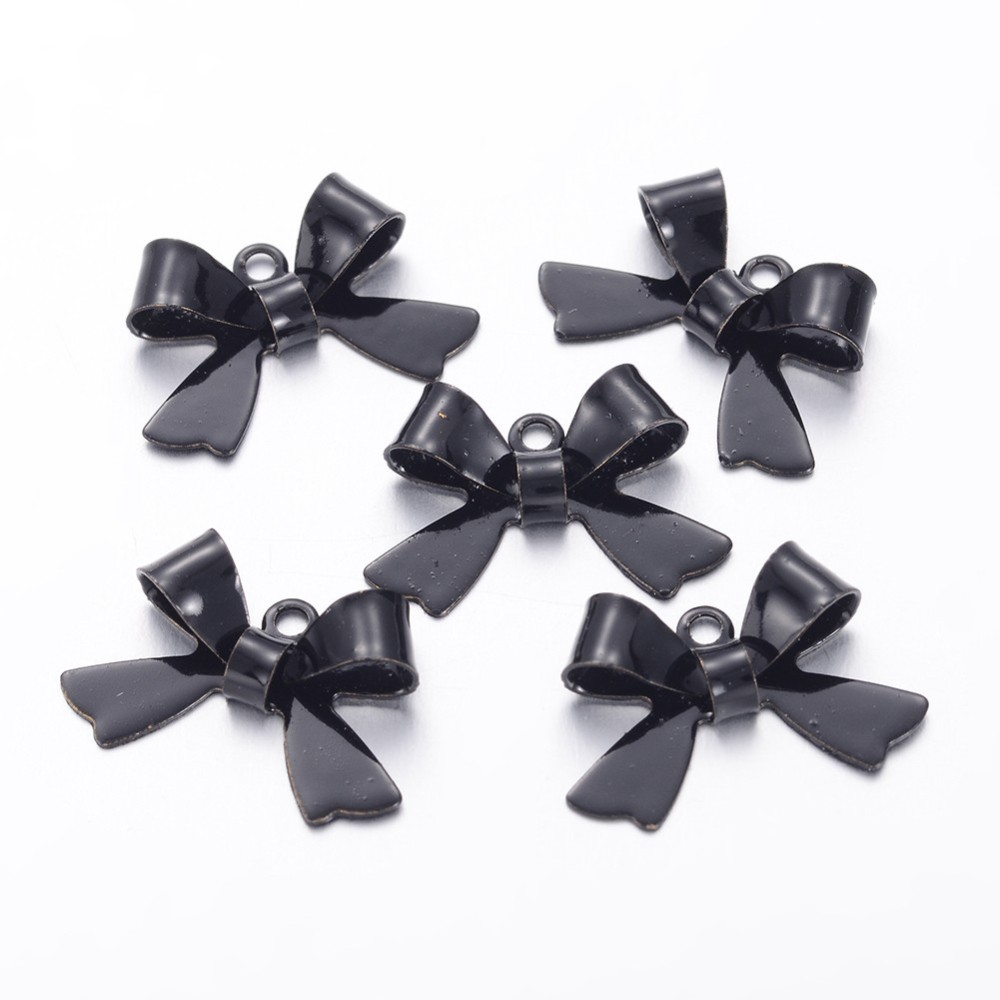 PandaHall Spray Painted Brass Charms, Bowknot, Black, 10.5x15mm, Hole: 1mm Brass Bowknot Black