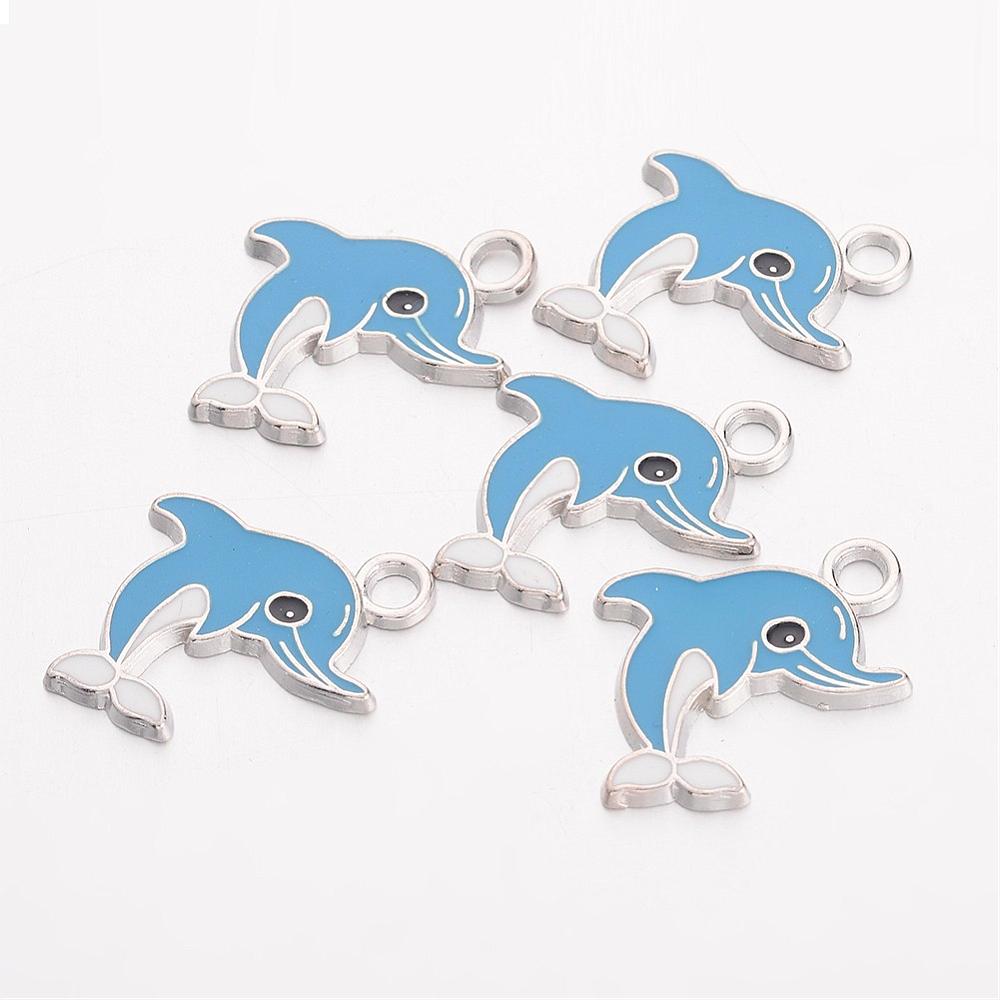 PandaHall Alloy Enamel Pendants, Dolphin, Platinum, DeepSkyBlue, about 26.5mm long, 20mm wide, 2mm thick, hole: 2.5mm Alloy+Enamel Dolphin...