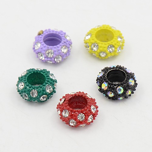 PandaHall Painted Alloy Rhinestone European Beads, Large Hole Beads, Rondelle, Mixed Color, 10x6mm, Hole: 4.5mm Rondelle Multicolor