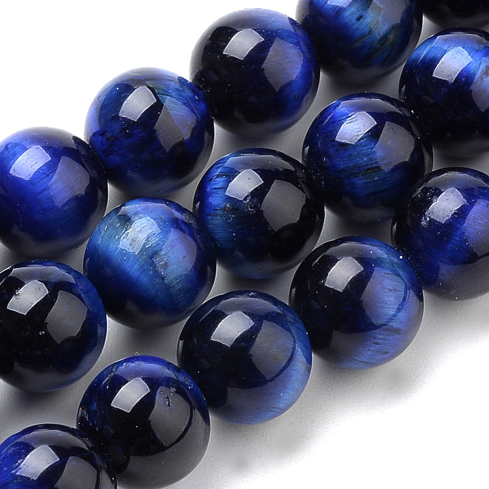 PandaHall Natural Tiger Eye Beads Strands, Dyed, Round, Blue, 10mm, Hole: 1mm; about 40pcs/strand, 15.7" Tiger Eye Round Blue