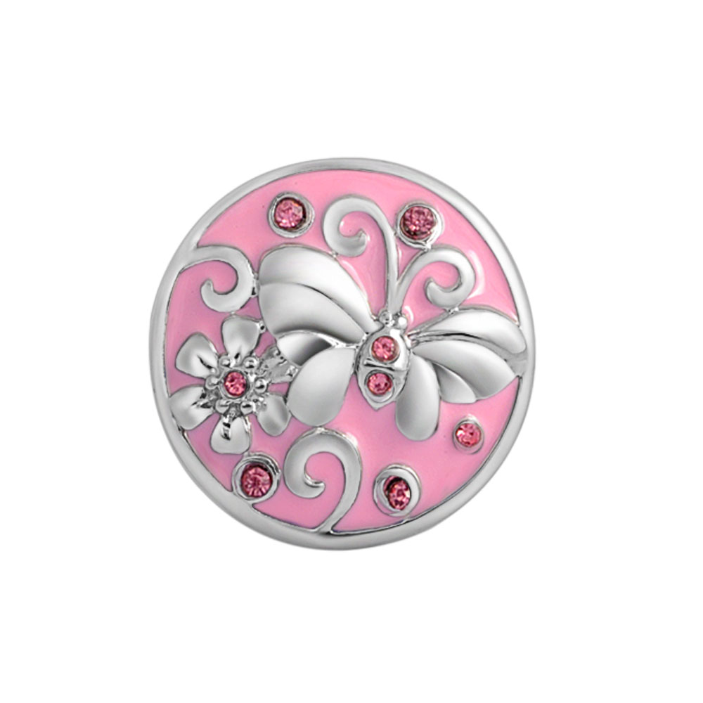 PandaHall Alloy Enamel Snap Jewelry Buttons, with Rhinestones, Flat Round with Butterfly, Platinum, PearlPink, 19~20x6.5mm; Knob: 5mm Alloy...