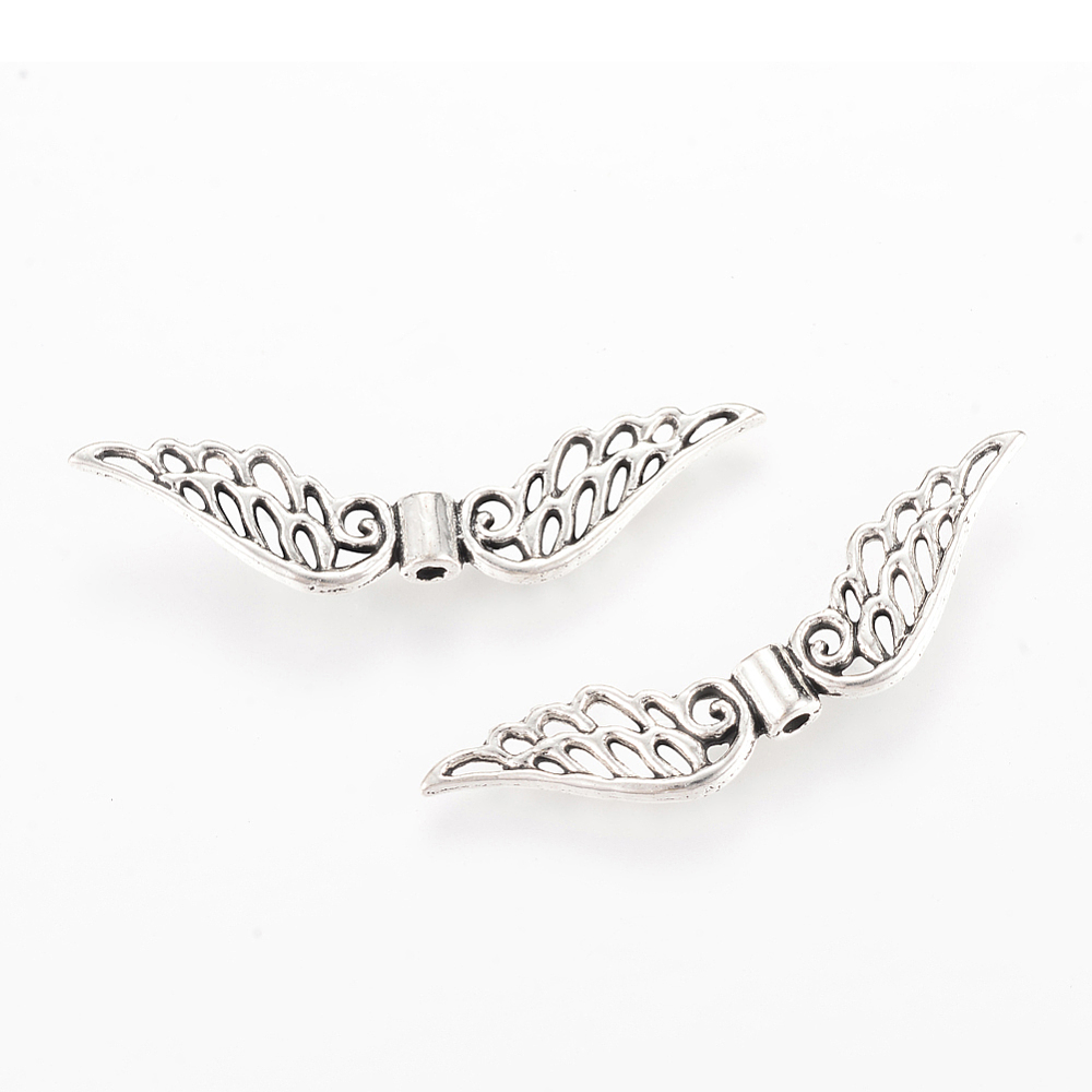 PandaHall Tibetan Style Alloy Beads, Wing, Lead Free & Cadmium Free, Antique Silver, 10x42x4mm, Hole: 1.5mm; about 620pcs/1000g Alloy Wing