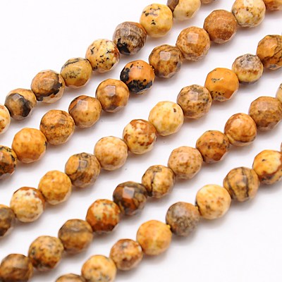 PandaHall Natural Picture Jasper Beads Strands, Faceted, Round, 4mm, Hole: 1mm; about 90pcs/strand, 15.35" Picture Jasper Round Brown