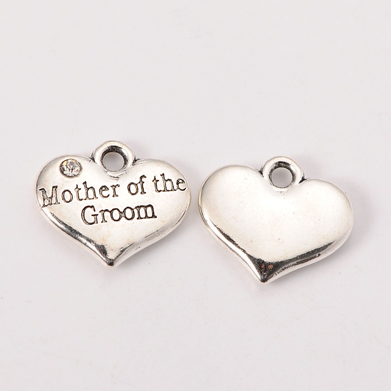 PandaHall Wedding Theme Antique Silver Tone Tibetan Style Alloy Heart with Mother of the Groom Rhinestone Charms, Crystal, 14x16x3mm, Hole...