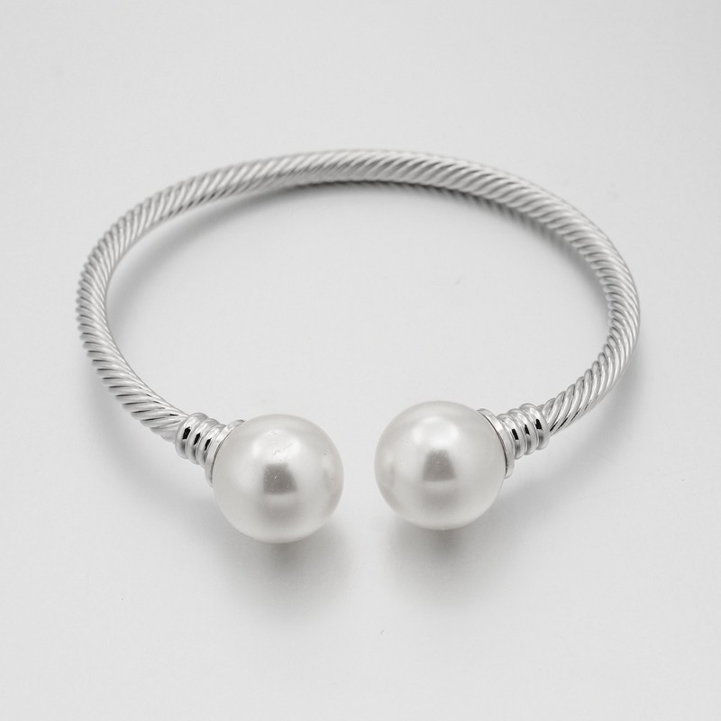 PandaHall Platinum Tone Brass Cuff Bangles, with Acrylic Pearl Beads, White, 57x69mm Acrylic White