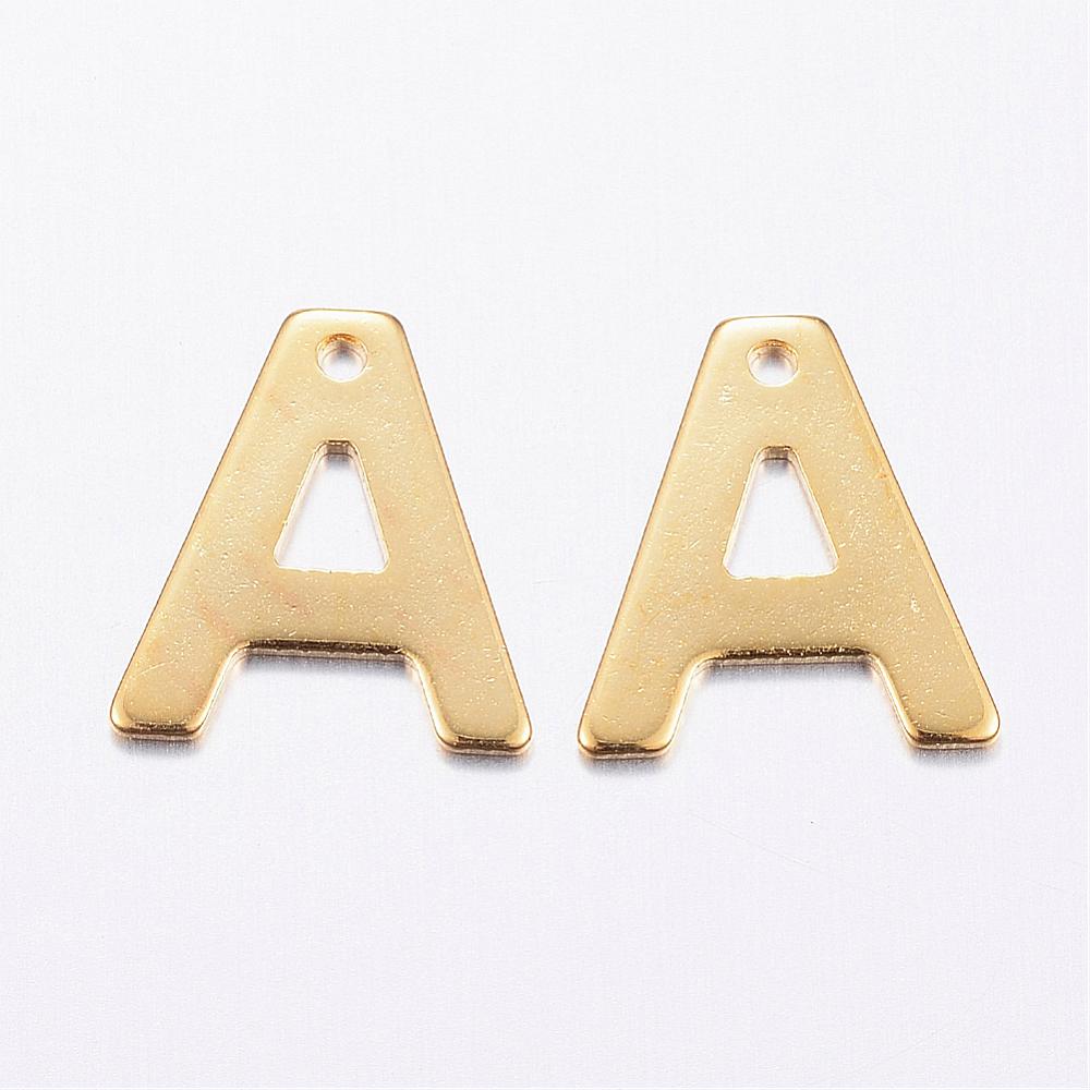 PandaHall 304 Stainless Steel Charms, Letter.A, Golden, 11x10x0.8mm, Hole: 1mm Stainless Steel Alphabet