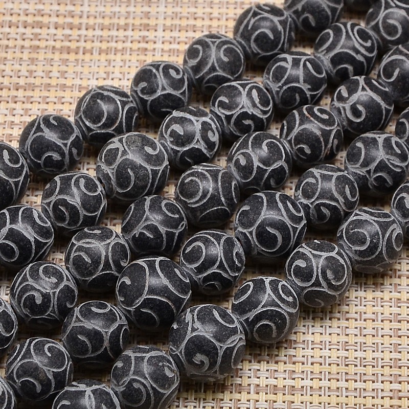 PandaHall Natural Carved Henan Jade Beads Strands, Dyed & Heated, Round, Black, 10mm, Hole: 1mm; about 39pcs/strand, 15.7" Other Jade Round...