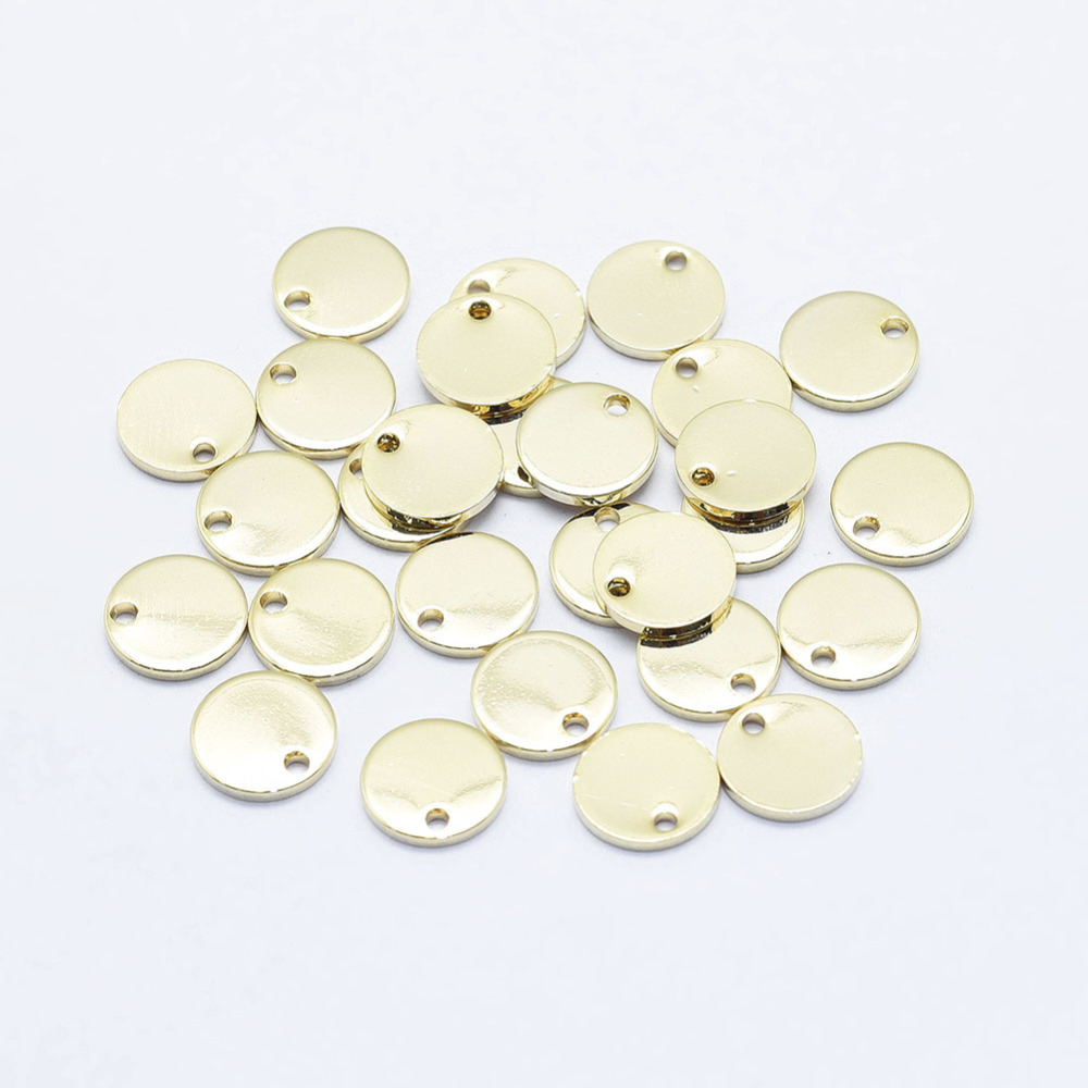 PandaHall Electroplated Brass Charms, Long-Lasting Plated, Real 18K Gold Plated, Nickel Free, Flat Round, 8x1mm, Hole: 1mm Brass Flat Round