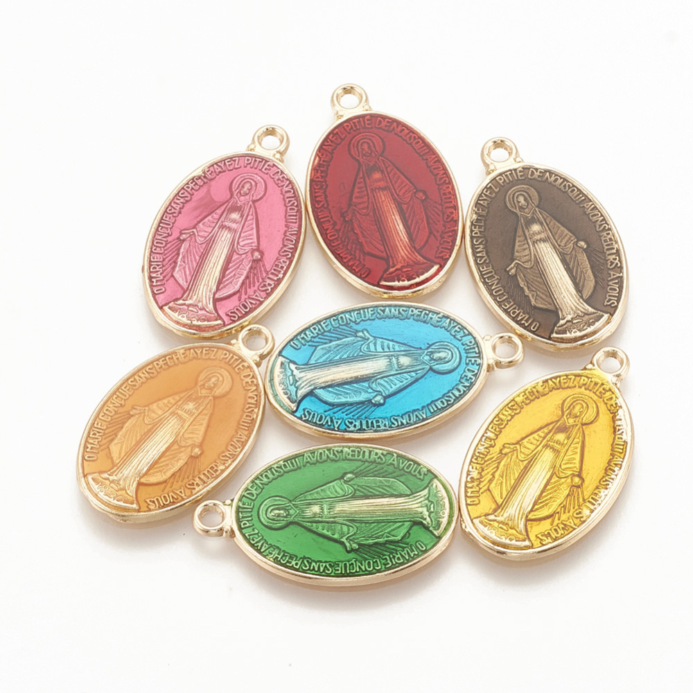 PandaHall Brass Enamel Pendants, Long-Lasting Plated, Oval with Saint, Golden, Mixed Color, 19.5x12x2mm, Hole: 1.5mm Brass+Enamel Oval...