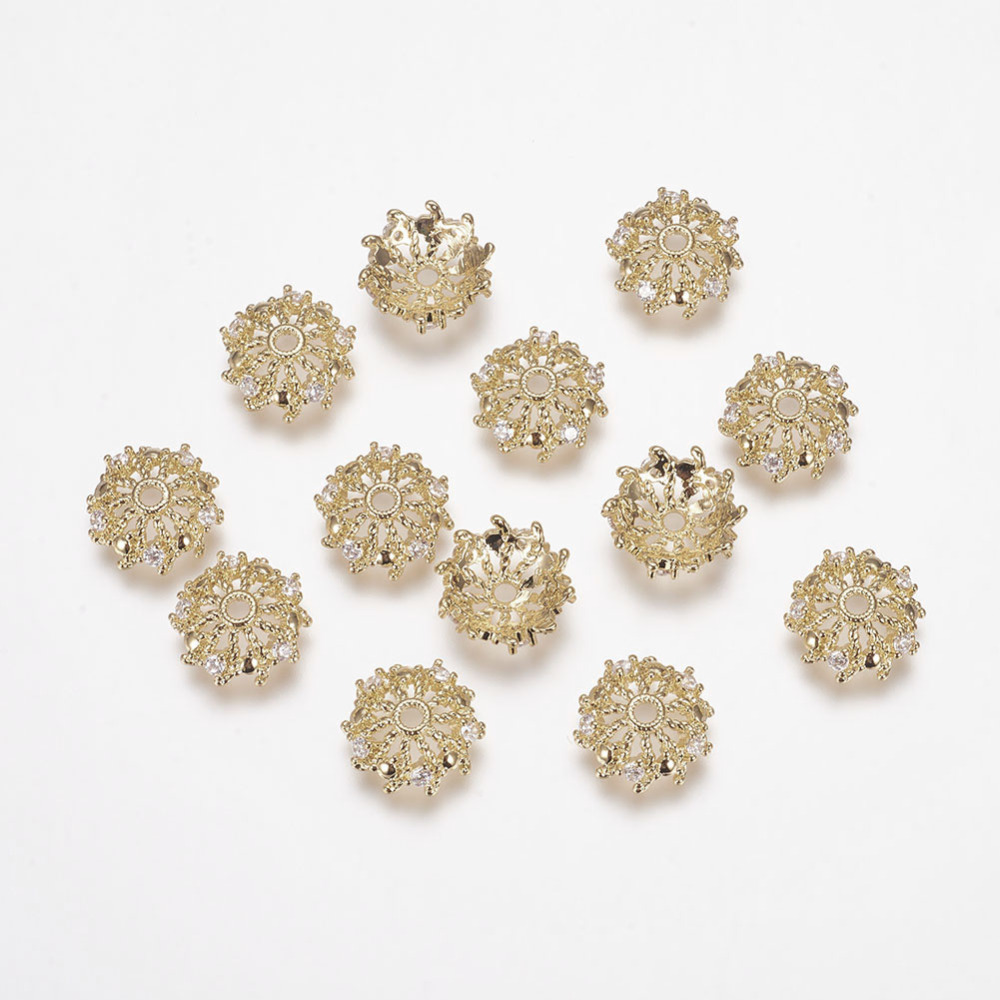 PandaHall Brass Beads Caps, with Cubic Zirconia, Flower, Real Gold Plated, 10x3mm, Hole: 1mm Brass+Cubic Zirconia