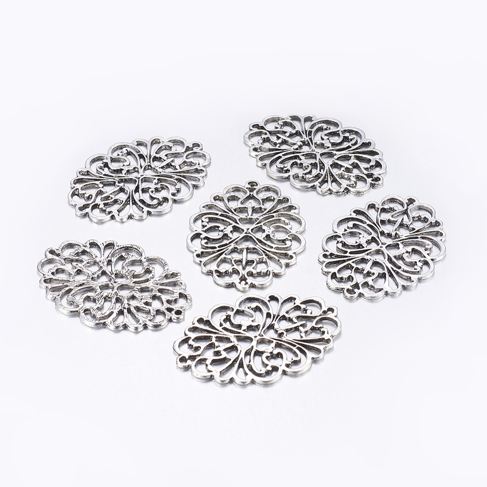 PandaHall Tibetan Style Connectors, Lead Free, Flower, Antique Silver, 62x44x1mm, Hole: 2.5mm Alloy Flower