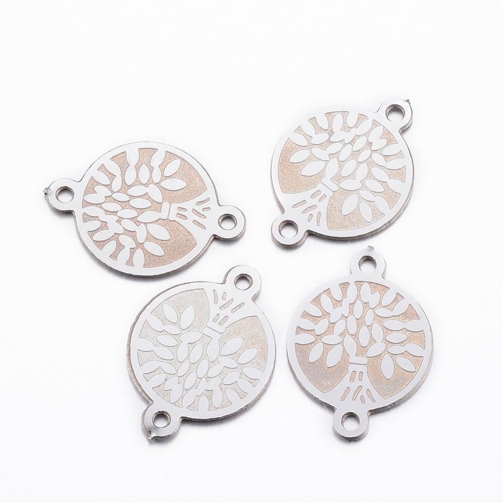 PandaHall 304 Stainless Steel Links, Flat Round with Tree, Stainless Steel Color, 16x11x0.8mm, Hole: 1mm Stainless Steel Flat Round