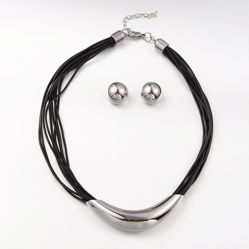 PandaHall 304 Stainless Steel Necklaces and Domed Ear Studs Jewelry Sets, PU Leather with Lobster Claw Clasps, Stainless Steel Color...