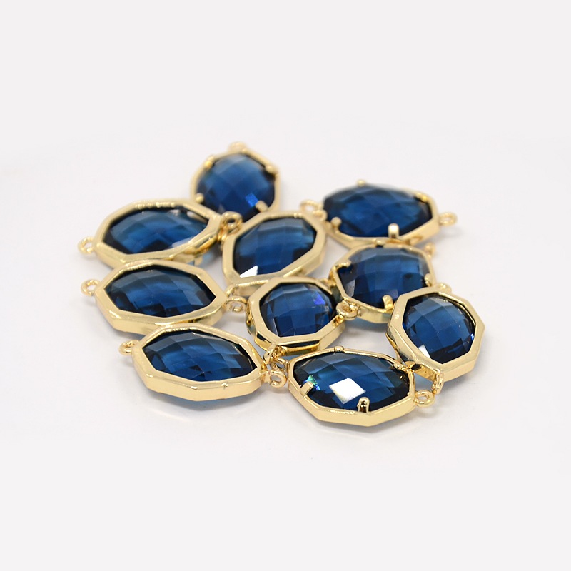 PandaHall Real Gold Plated Brass Glass Links, Faceted Polygon, MarineBlue, 23x13x6mm, Hole: 1mm Glass Polygon Blue
