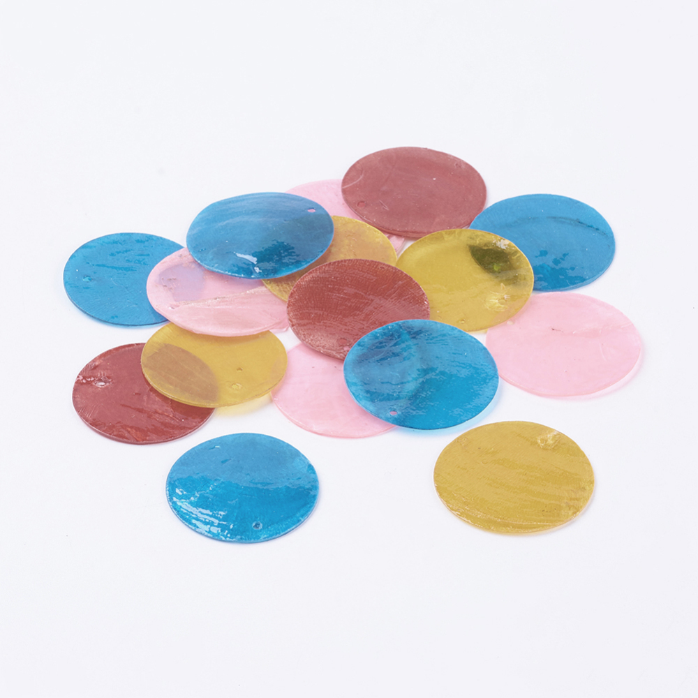 PandaHall Mixed 100PCS Dyed Flat Round Shell Pendants, about 30mm in diameter, 1mm thick, hole: 1.5mm Mother of Pearl Flat Round Multicolor