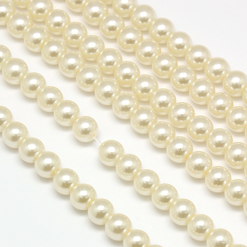 PandaHall Environmental Dyed Glass Pearl Round Bead Strands, Cotton Cord Threaded, Beige, 8mm, Hole: 0.7~1.1mm; about 52pcs/strand, 15"...