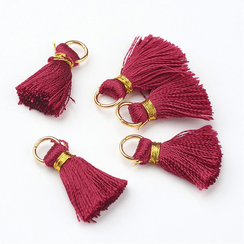 PandaHall Nylon Tassel Pendant Decoration, with Brass Findings, Golden, DarkRed, 23~27x5mm, Hole: 4mm Nylon Red