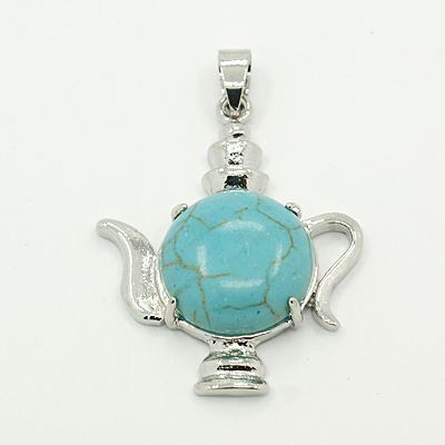 PandaHall Synthetic Turquoise Pendants, with Brass Findings, Dyed, Teapot, Platinum Metal Color, MediumTurquoise, 40.5x32x8mm, Hole: 4x6mm...