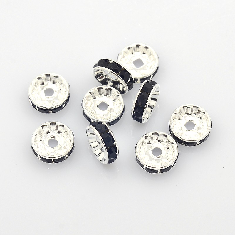 PandaHall Brass Rhinestone Spacer Beads, Grade A, Black, Rondelle, Nickel Free, Silver Metal Color,Size: about 10mm in diameter, 4mm thick;...