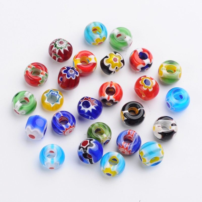 PandaHall Rondelle Handmade Millefiori Glass Beads, Mixed Color, 12~14x8~13mm, Hole: 5~6mm Millefiori Lampwork Rondelle Multicolor