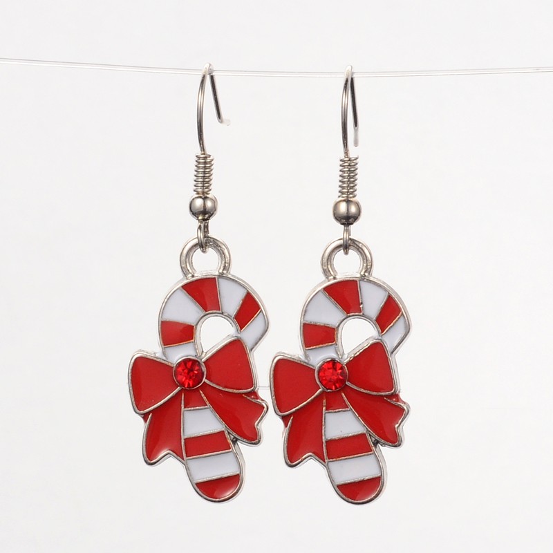 PandaHall Christmas Candy Alloy Enamel Dangle Earrings, with Brass Earring Hooks, Red & White, 43mm; Pin:0.6mm Alloy Red