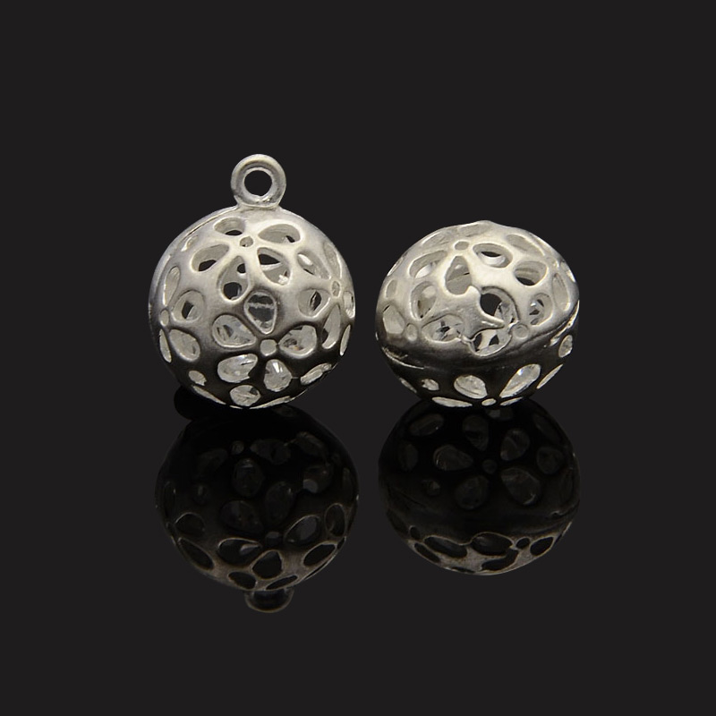 PandaHall Brass Ball Pendants, Hollow Round Charms, with Glass Rhinestones Inside, Matte Silver, 15x11mm, Hole: 2mm Brass Round