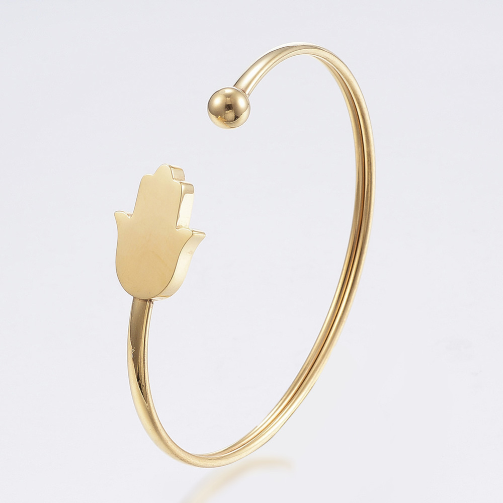 PandaHall 304 Stainless Steel Cuff Bangles, Torque Bangles, Hamsa Hand/Hand of Fatima/Hand of Miriam, Golden, 2"x2-3/8"(49x59mm); 3~14mm...