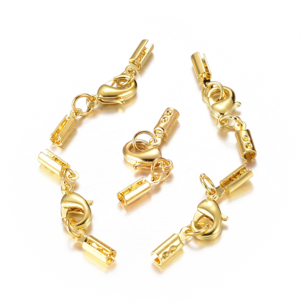 PandaHall Brass Lobster Claw Clasps, with Cord Ends, Golden Color, about 7mm wide, 35mm long, hole: 2mm Brass Others