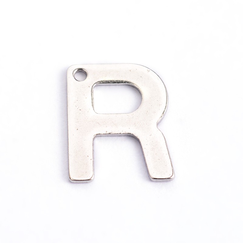 PandaHall 304 Stainless Steel Letter Charms, Letter.R, 11x9x0.8mm, Hole: 1mm Stainless Steel Alphabet