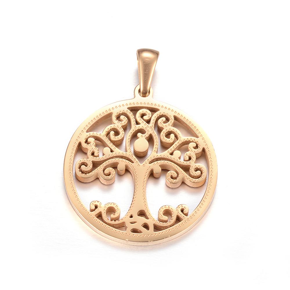 PandaHall 304 Stainless Steel Pendants, Flat Round with Tree of Life, Golden, 27.5x25x2mm, Hole: 7x3mm Stainless Steel Tree