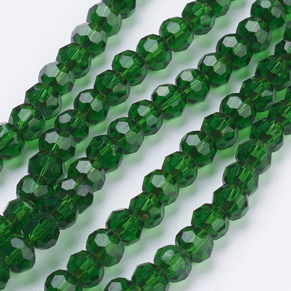 PandaHall Glass Beads Strands, Faceted, Round, Green, 4mm, Hole: 1mm; about 100pcs/strand, 13.7" Glass Round Green
