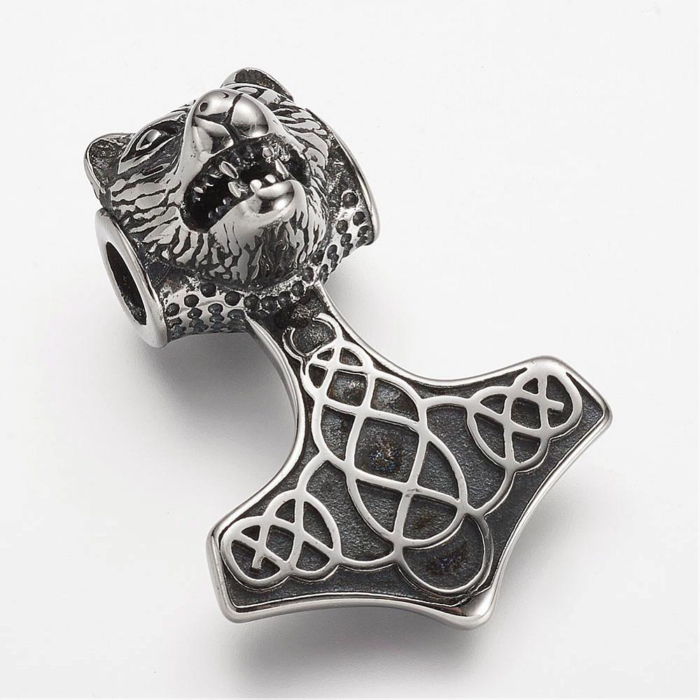 PandaHall 304 Stainless Steel Pendants, Thor's Hammer with Tiger, Antique Silver, 43x30x19.5mm, Hole: 6mm Stainless Steel Tool