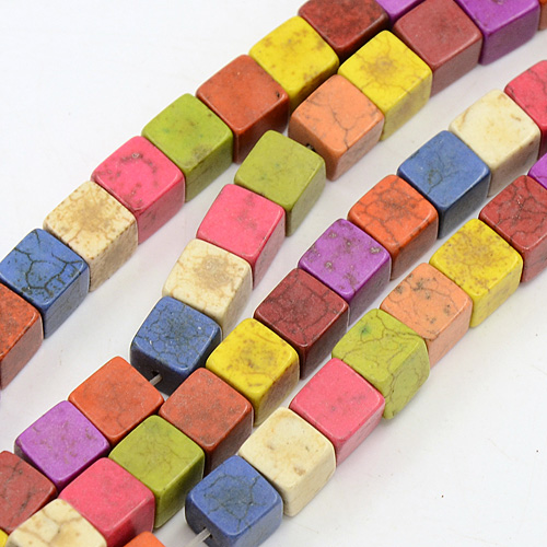 PandaHall Natural Howlite Beads Strands, Dyed, Cube, Mixed Color, 7x7x7mm, Hole: 1mm; about 48pcs/strand, 15.35" Howlite Cube Multicolor