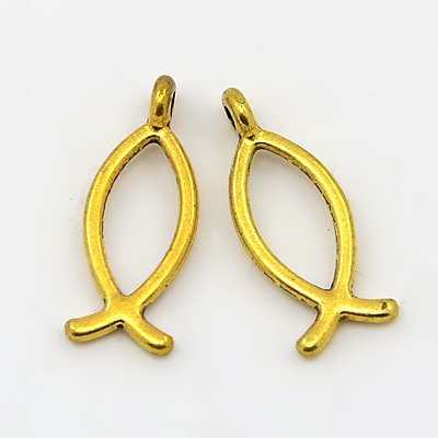 PandaHall Tibetan Style Pendants, Lead Free & Cadmium Free, Jesus Fish/Christian Ichthys Ichthus, Antique Golden, about 8mm wide, 20mm long...