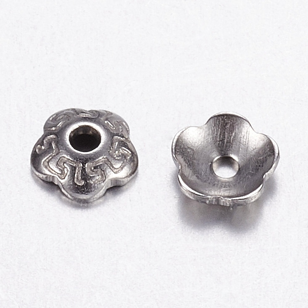 PandaHall 5-Petal 304 Stainless Steel Bead Cap, Flower, Stainless Steel Color, 4x1mm, Hole: 1mm Stainless Steel