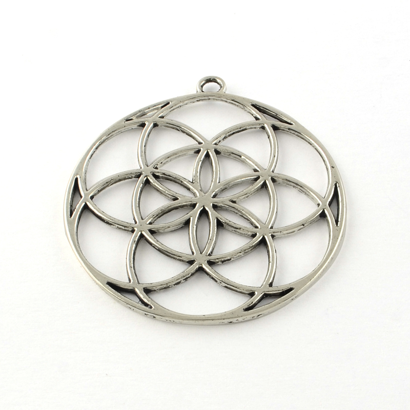 PandaHall Seed of Life Tibetan Style Flower Alloy Pendants, Cadmium Free & Nickel Free & Lead Free, Antique Silver, 48x44x1.5mm, Hole: 3mm;...