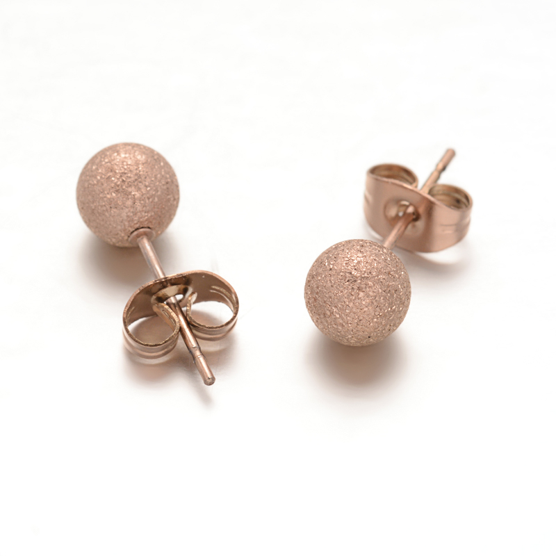 PandaHall Stardust 304 Stainless Steel Ball Stud Earrings, Rose Gold, 6mm; Pin: 0.8mm Stainless Steel