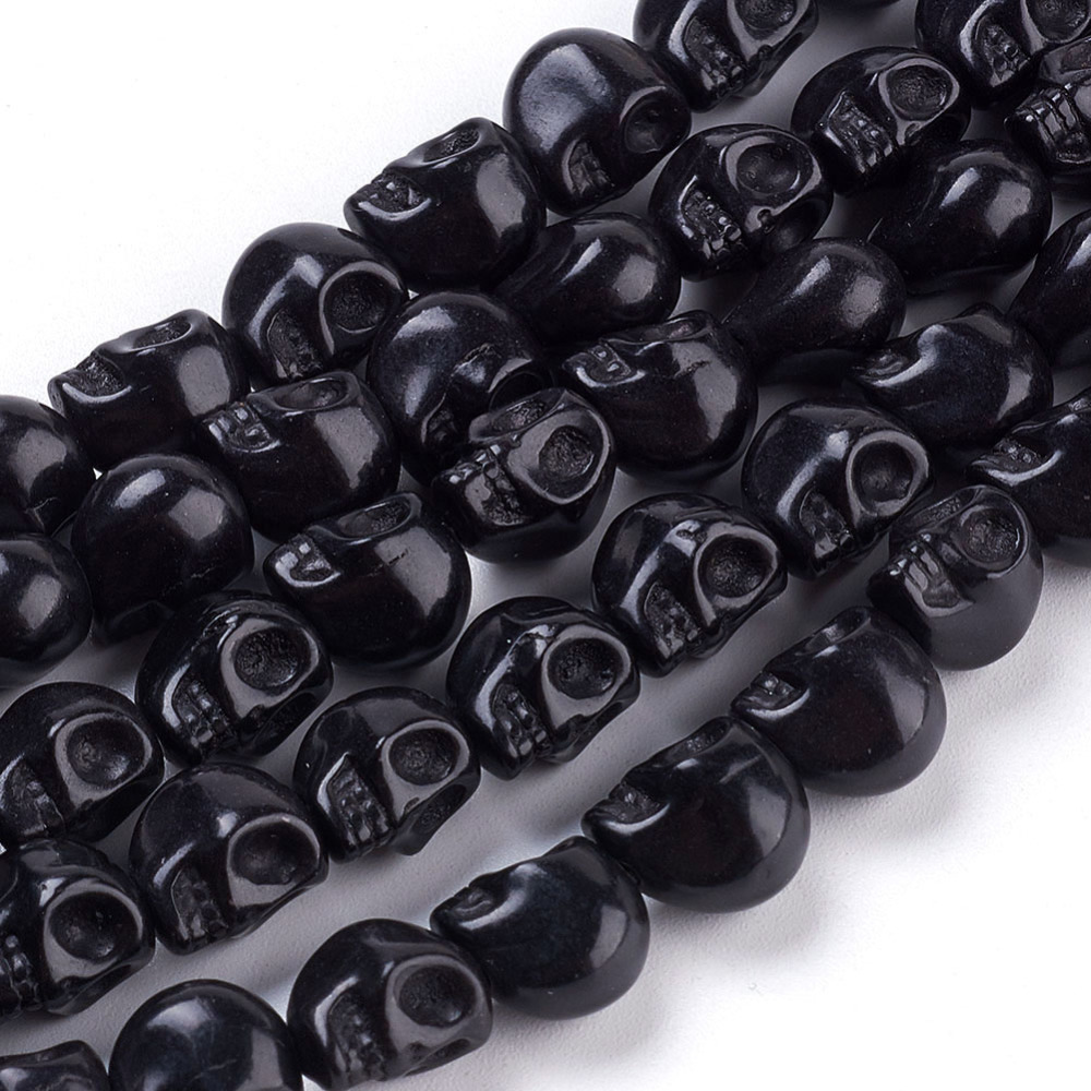 PandaHall Synthetic Howlite Beads, Dyed, Halloween, Skull, Black, 9x7.5x9mm, hole: 1mm, 15.7"; about 40pcs/strand Howlite Skull Black