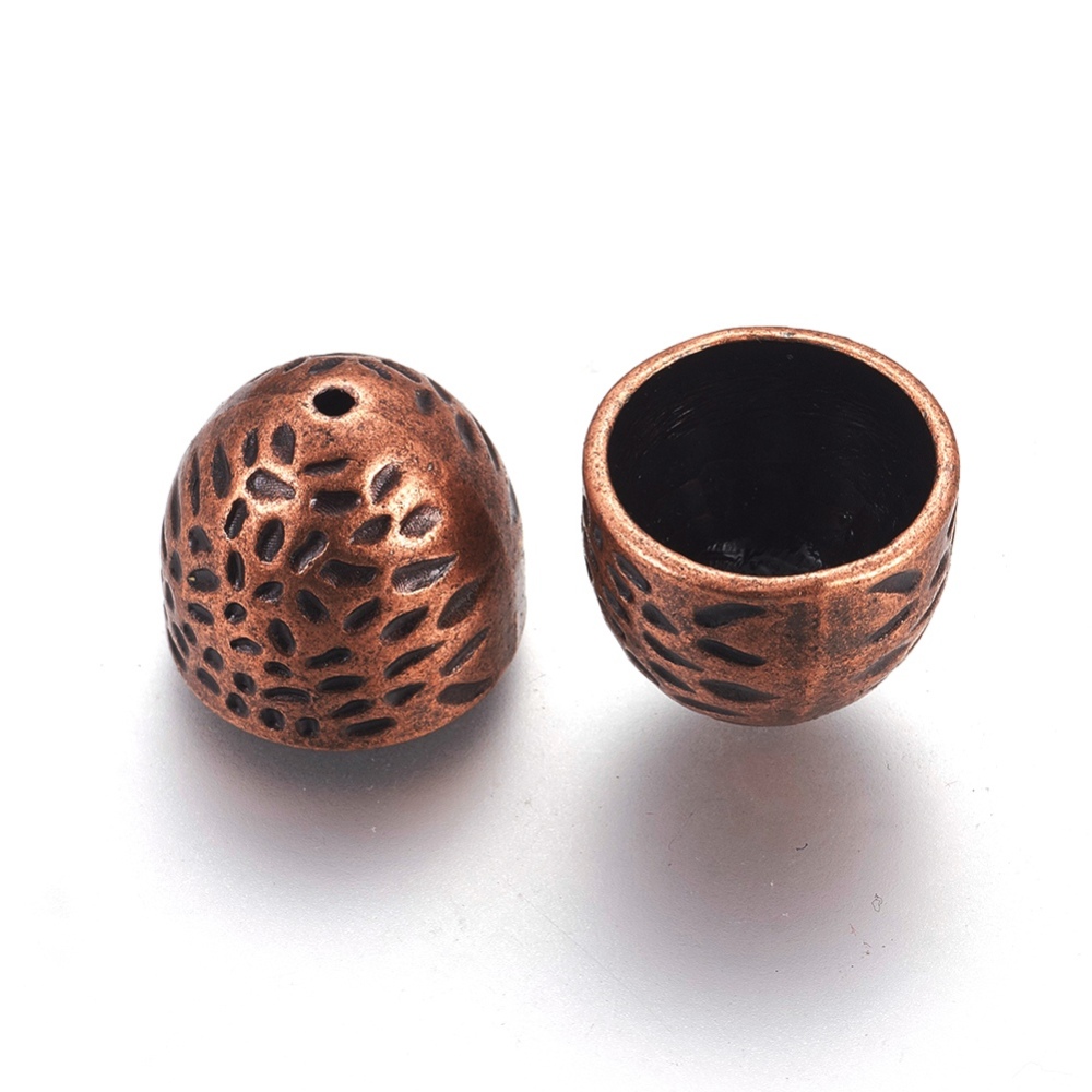PandaHall Hammered Alloy Campaniform Cord Ends, Nickel Free, Red Copper, 16x14mm, Hole: 1mm Alloy