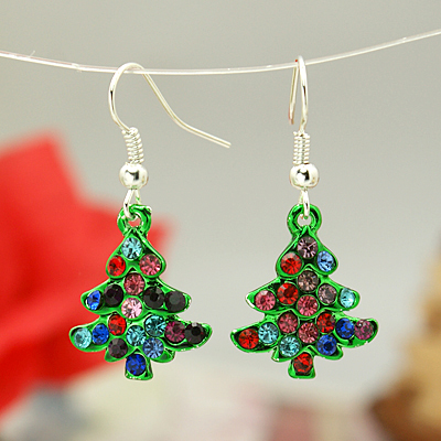 PandaHall Fashion Earrings for Christmas, with Enameled Alloy Pendants and Brass Earring Hooks, Green, 36mm Alloy Green